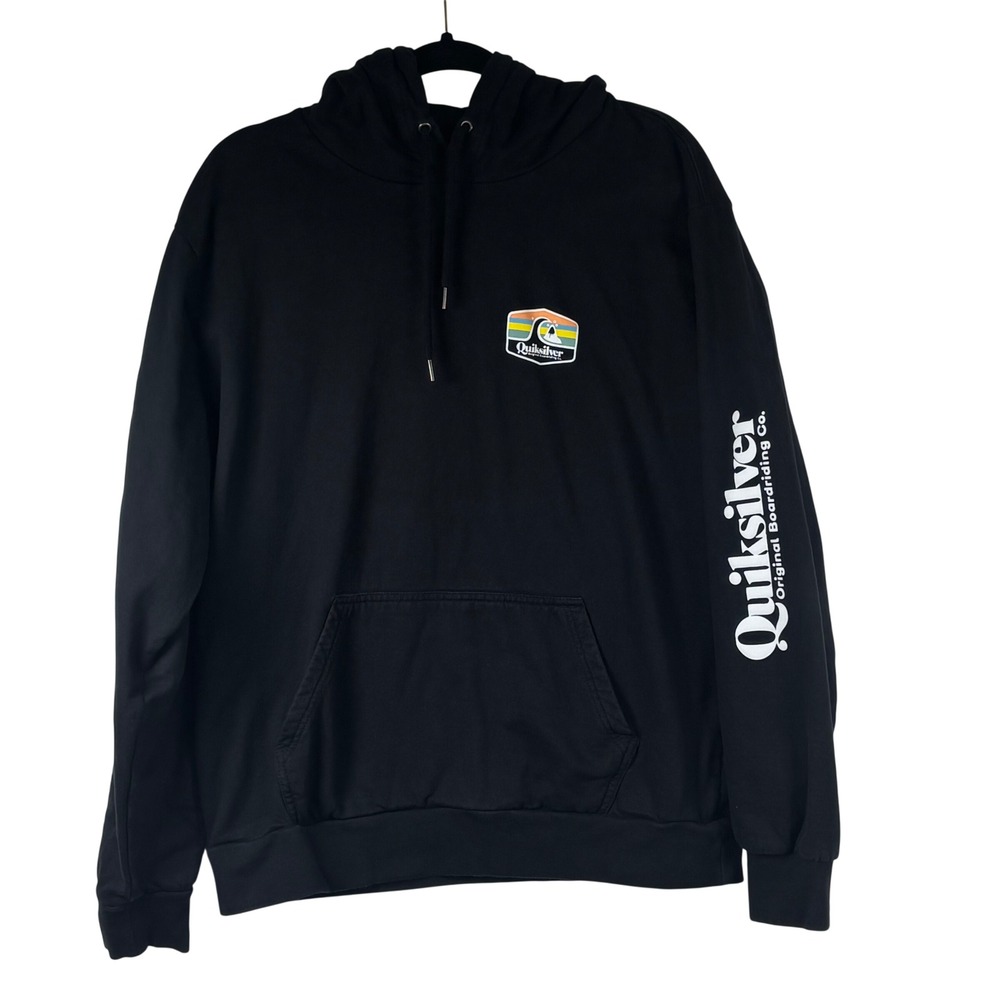Quiksilver Black Hoodie Graphic Logo Sweatshirt Large Skater Grunge Surfer